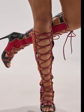 Azelea Wang/Akira Red Lace-Up Knee-High Gladiator Heels